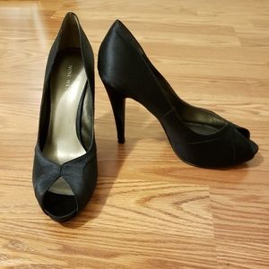 Nine West black satin peep toe stilettos